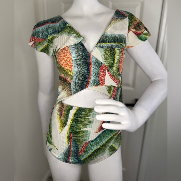 FARM Rio Green and Orange Asymmetrical Cut Out Bodysuit - Picture 1 of 12